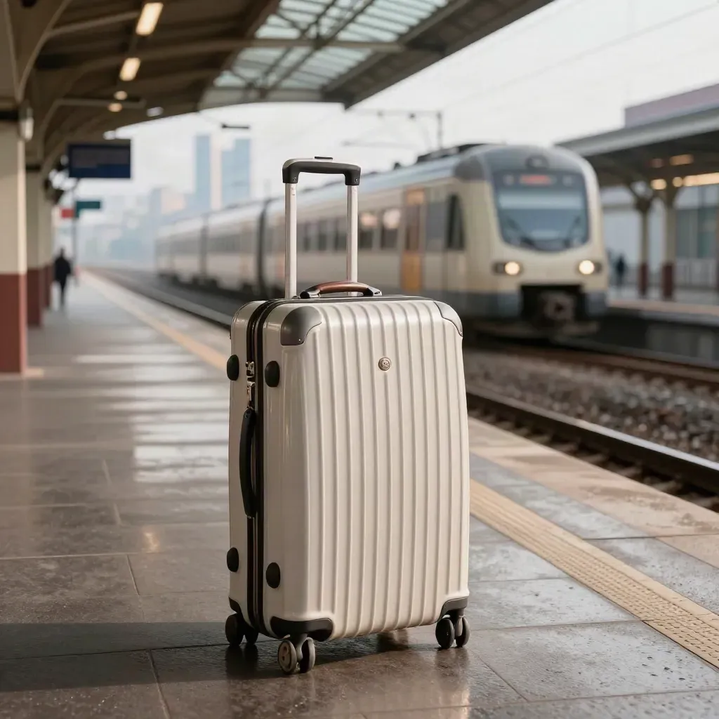 Valigia su banchina milanese mentre arriva un treno regionale sotto la stazione vetrata.
