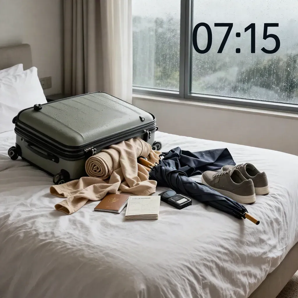 Valigia weekend aperta su un letto d’hotel, con camicie di lino, guida e ombrello dopo la pioggia.