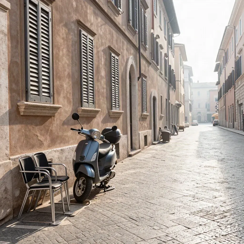 Forecourto romano all’alba con scooter solitario e sedie chiuse, luce fredda e foschia leggera