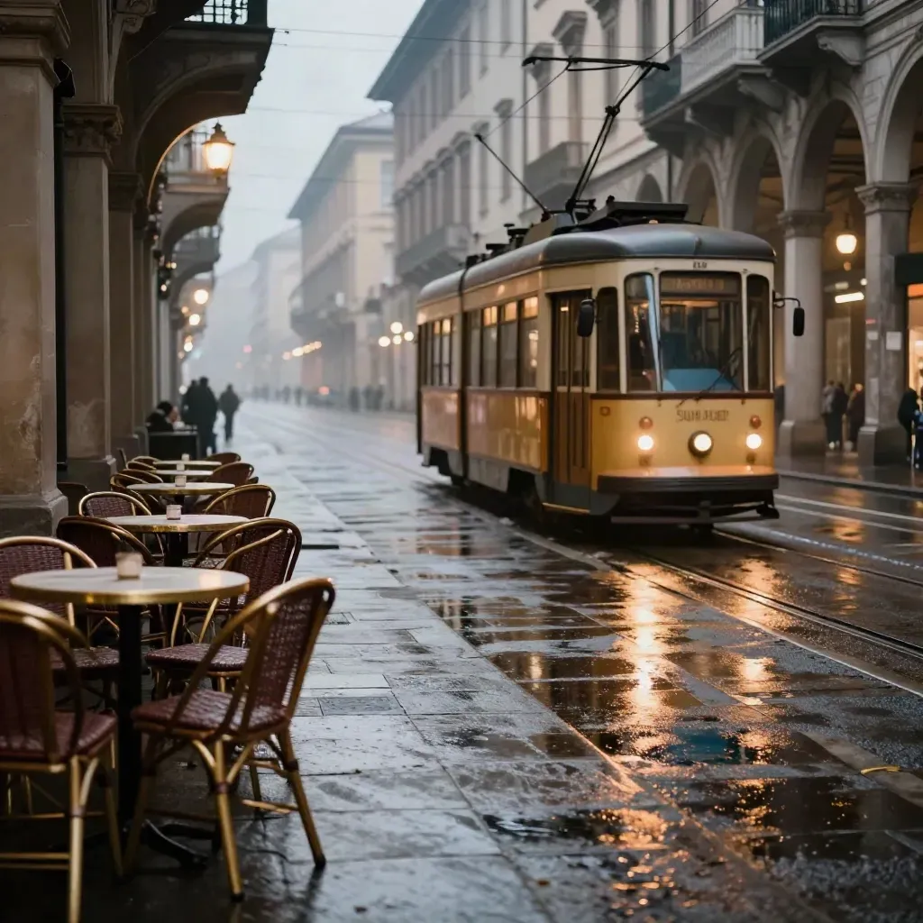 Tram serale sotto i portici di Torino, strade bagnate e tavolini accatastati.