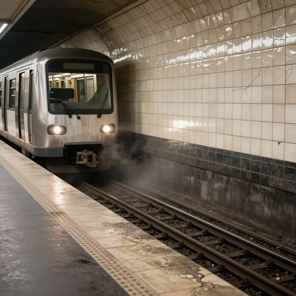 Treno della metro di Parigi in arrivo, banchina curva e luce bianca nel tunnel.
