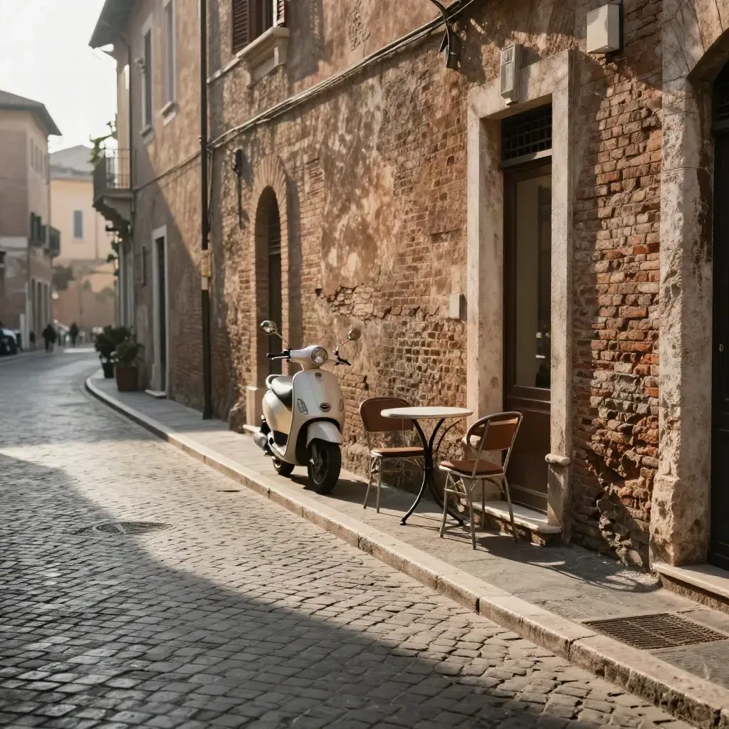 Via romana tranquilla all’alba con scooter parcheggiato e sedie da bar.