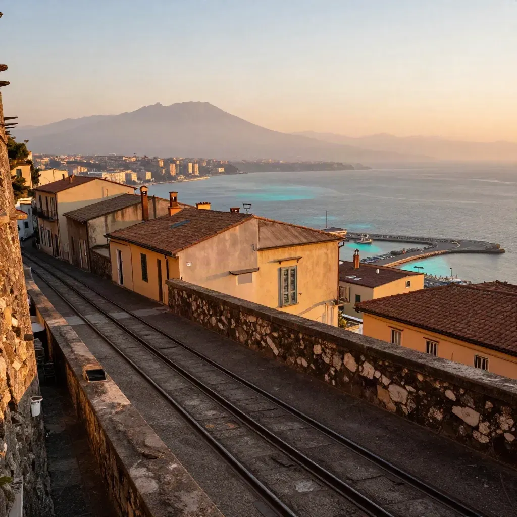 Vista di Napoli al tramonto con funicolare, tetti terrazzati e porto luminoso.