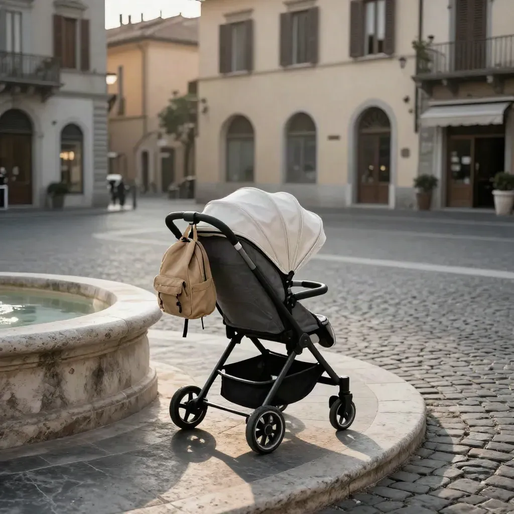 Piazza italiana al tramonto con passeggino, zainetto e bordo di fontana in pietra